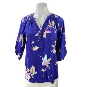 Yumi Kim 100% Silk Women's Blue Floral 3/4 Puff Sleeve Button V-neck Blouse Top